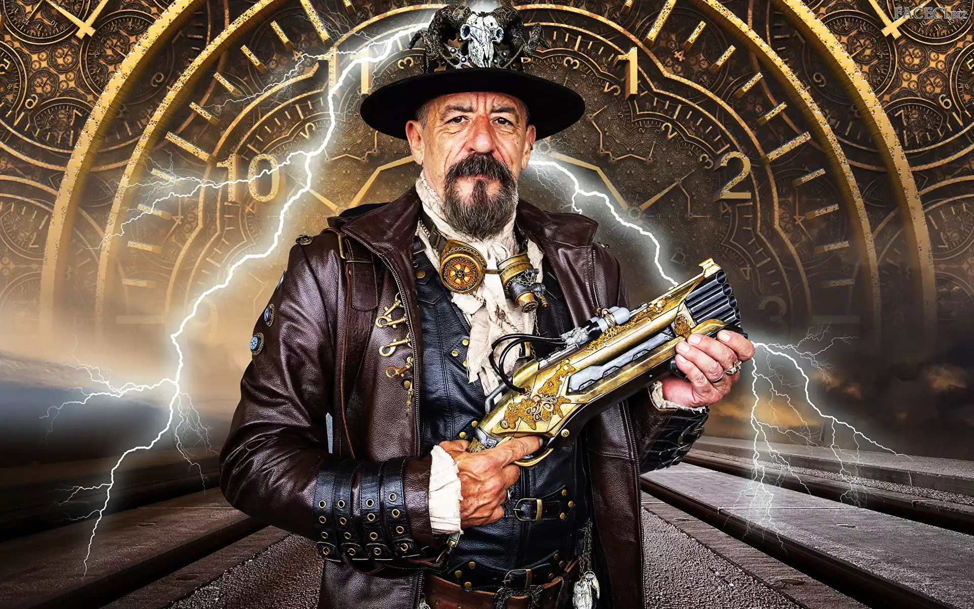 Steampunk, Broda, Mężczyzna, Zegar, Ręce, Kapelusz, Pistolet, Błyskawica