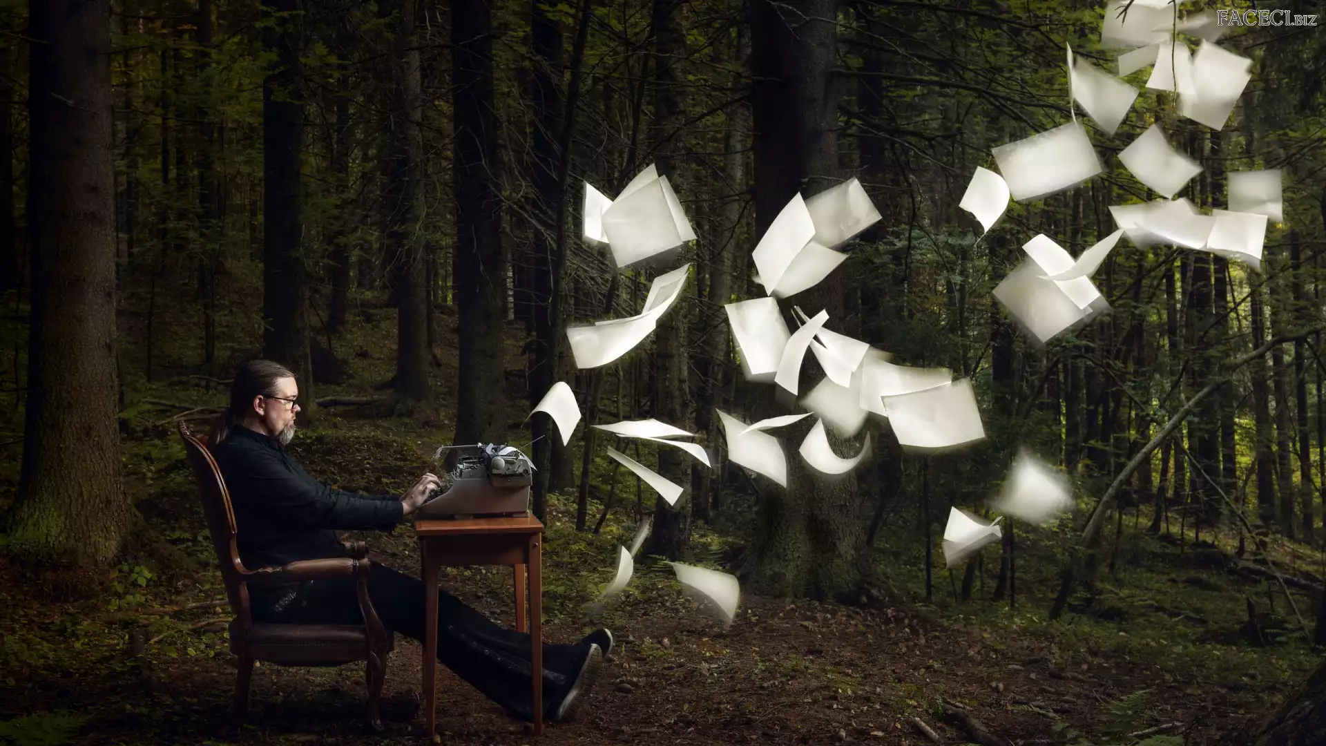 Kartki, Maszyna do pisania, Mężczyzna, Las, Drzewa