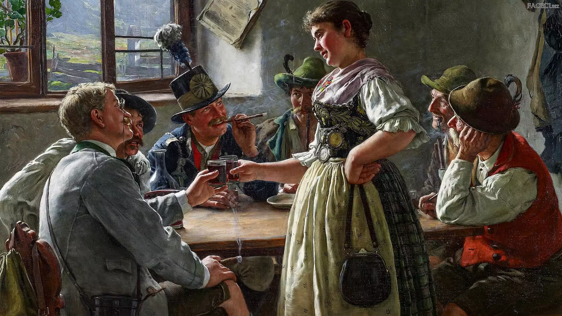 Emil Rau, Stolik, Kobieta, Malarstwo, Toast, Karczma, Mężczyźni, Okno